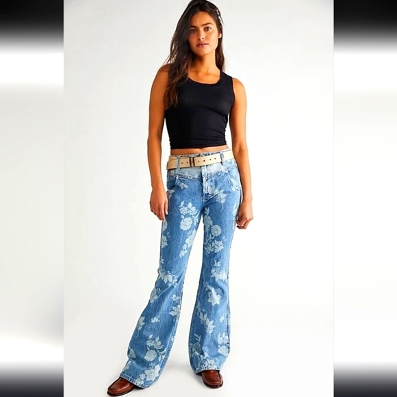 Free People Denim - Free People Naomi Printed Flare Floral Wash Blue Western 29 NWOT